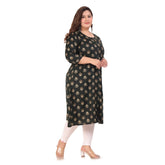 Green capsule A-line kurti with floral print, 3/4th sleeve, round neck, button closure